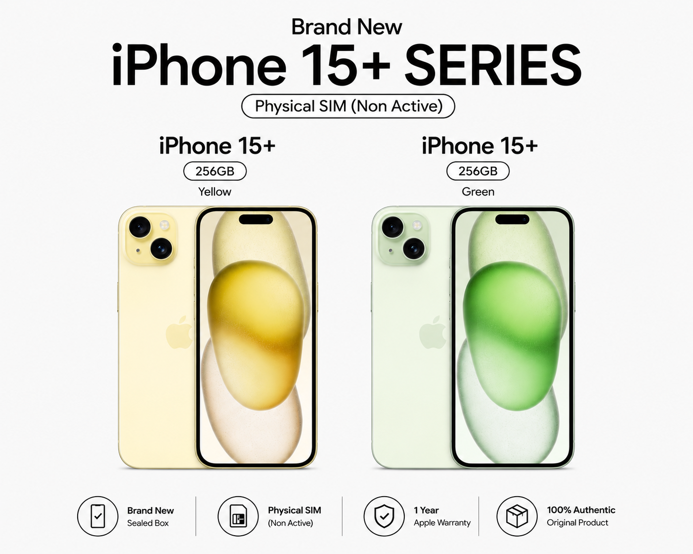 Brand New iPhone 15+ Series Physical SIM (Non Active) – 256GB Yellow & Green