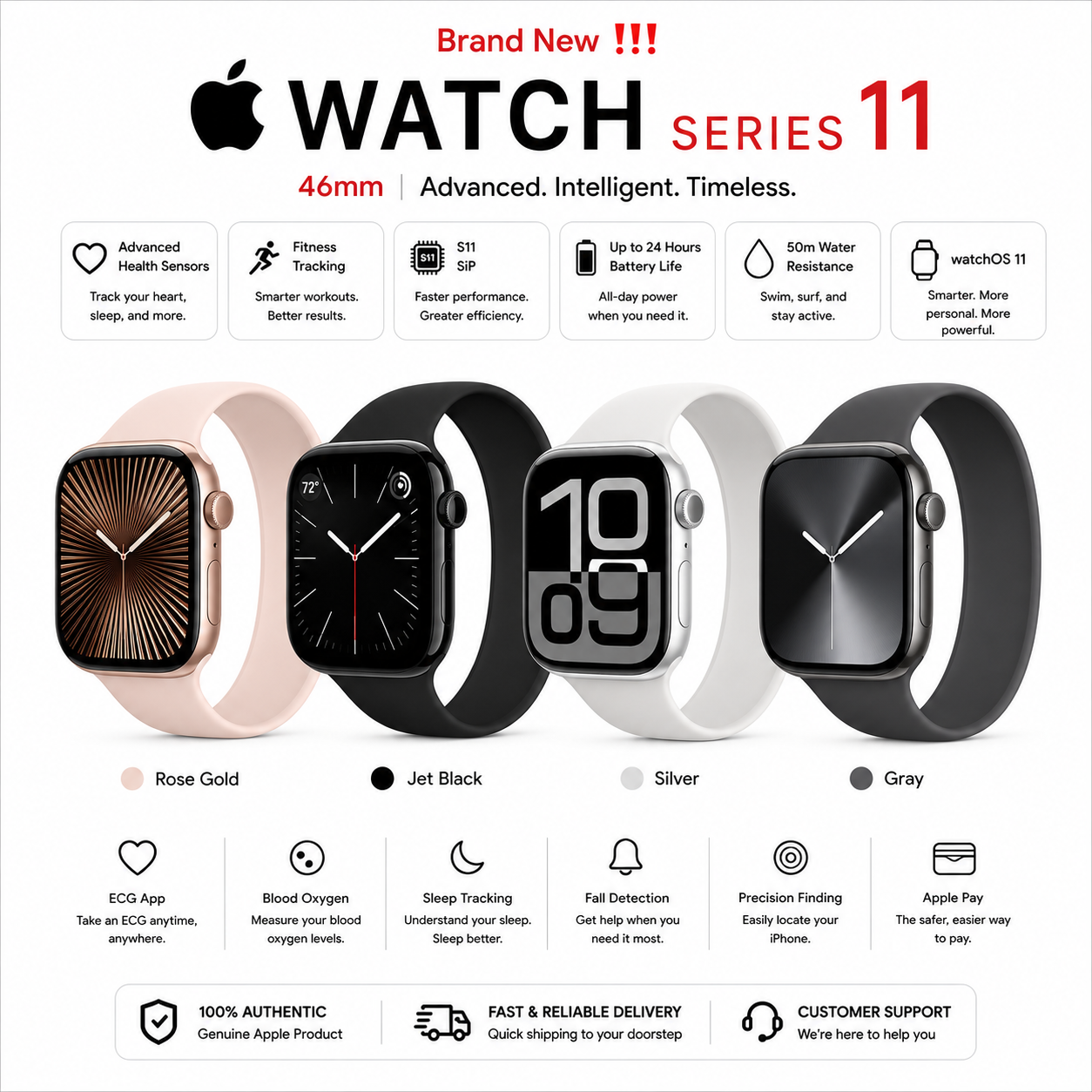 Apple Watch Series 11 46mm — Rose Gold | Jet Black | Silver | Gray