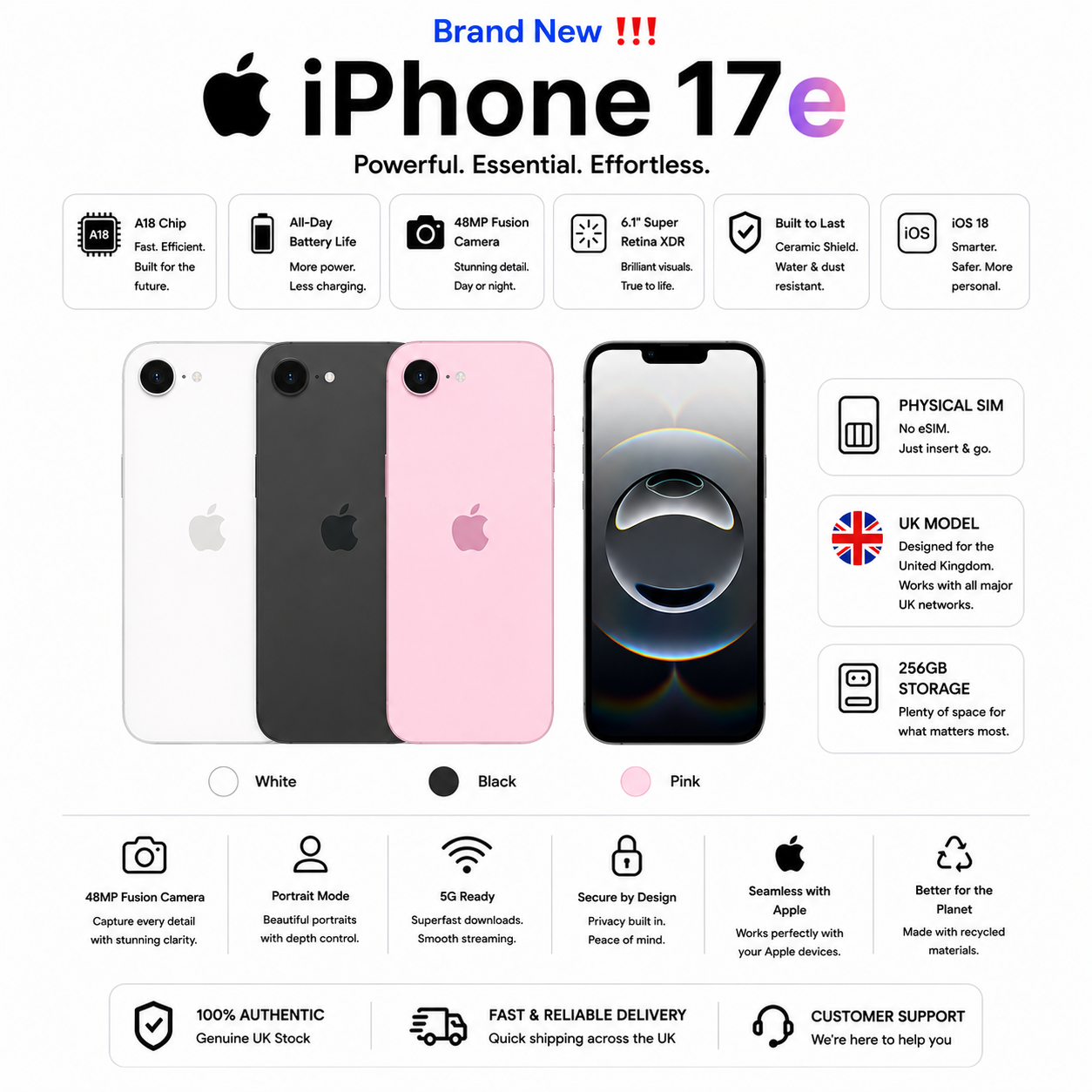 iPhone 17e 256GB Physical SIM — White | Black | Pink