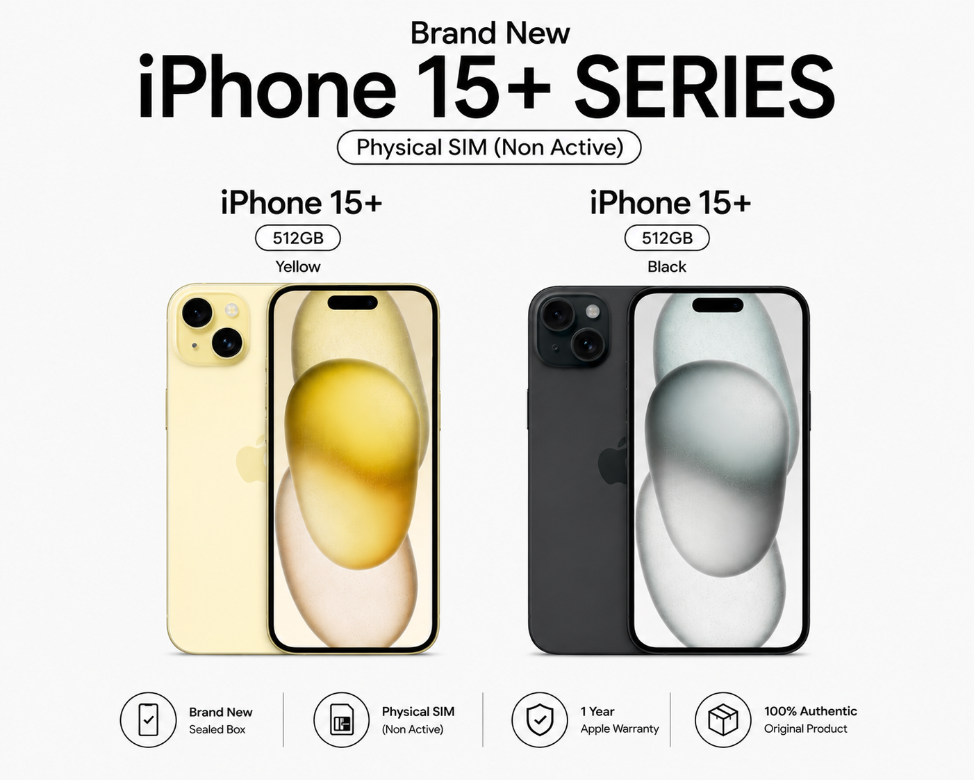 Brand New iPhone 15 Series Physical SIM (Non Active) – 15 Plus 512GB Yellow & Black