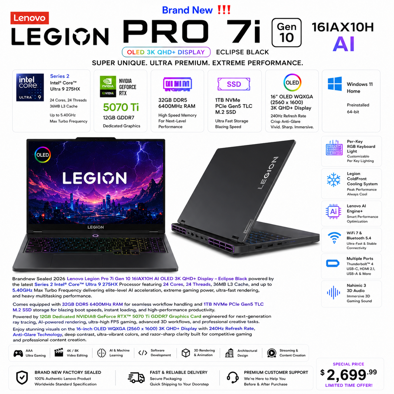 Lenovo Legion Pro 7i Gen 10 16IAX10H AI OLED 3K QHD+ Display